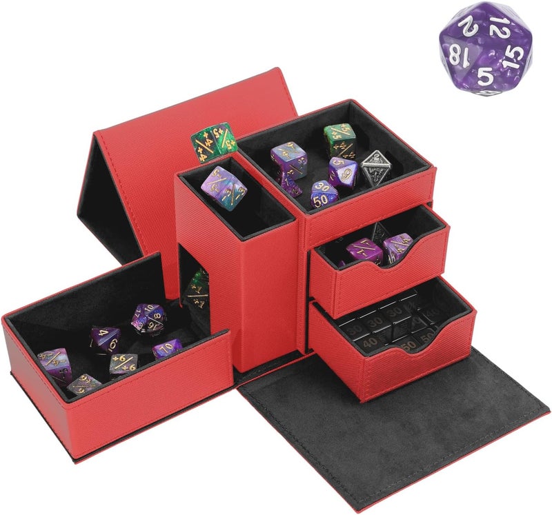 Stepane Dice Tray & Dice Tower Storage Box, 3 in 1 Dice Holder Case (Dice Rolling Tray, Rolling Tower, Storage Drawers), Leather Magnetic Closure DND Accessories Gifts for RPG MTG, Red/Black - Image 1